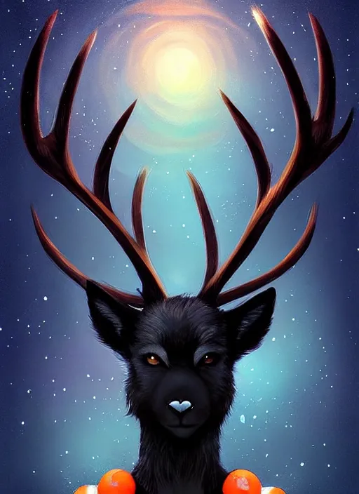 Image similar to award winning beautiful portrait commission of a male furry anthro Black Reindeer fursona with a tail, wings and a cute beautiful attractive detailed furry face wearing stylish black and orange galaxy clothes in a outerspace city at night while it rains. Character design by charlie bowater, ross tran, artgerm, and makoto shinkai, detailed, inked, western comic book art