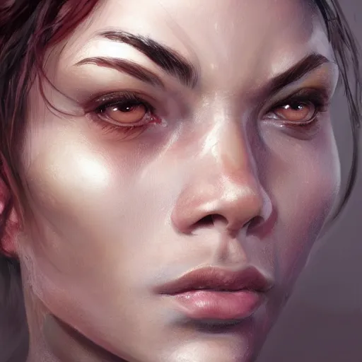 Image similar to beautiful, very strong, mixed race, female, middle aged, face, no makeup, warrior, head shot, fantasy, highly detailed, digital painting, artstation, concept art, smooth, sharp focus, illustration, art by jodie muir and brom