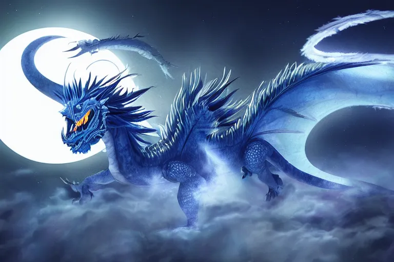 Image similar to an roaring blue and white dragon with colorful feather, digital art, moonlight, blue mist, blue smoke, close shot,