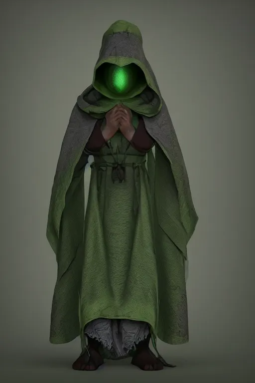 Image similar to A cute shaman with no nose, glowing eyes and a very long hooded dark green cloak of leaves by Julien Kaspar, 3D render, stylized, Cycles Render