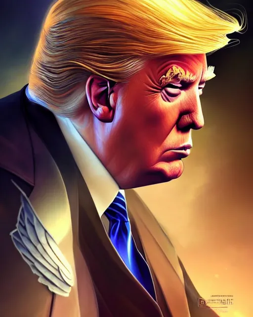 Image similar to donald trump with wings, confident pose, pixie character, video game genshin impact, cell shaded anime intricate, elegant, sharp focus, illustration, highly detailed, concept art, matte, magali villeneuve, artgerm, anime, trending on artstation