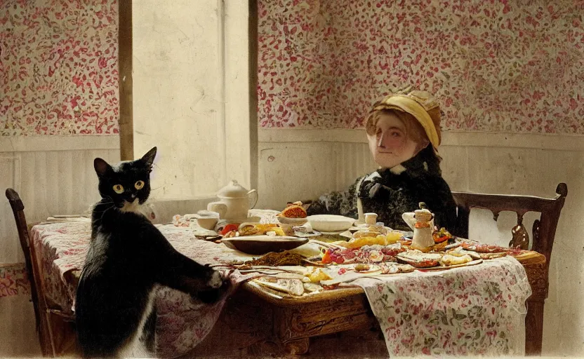 Image similar to a girl has breakfast with her cat at the table filled with food, flowery wallpaper, 1 8 8 0 s style, professional photography, color