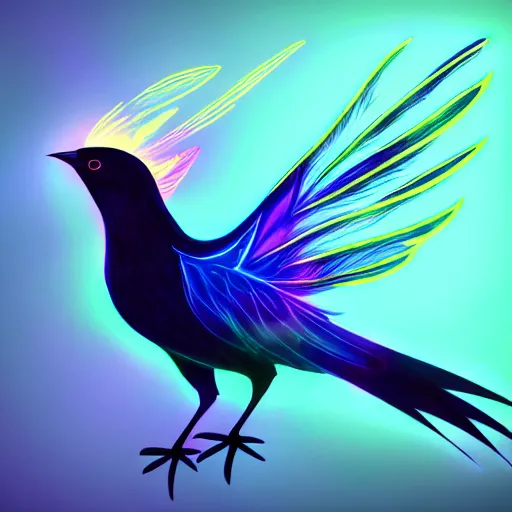 Prompt: flawless painting of futuristic bird avatar with digital wings, colorful luminous feather, black transparent point background, cinematic, centered, soft lighting, ultra detailed face and eyes by awarded concept art, wisdom, epic, magical, ultimate, 8 k resolution, artstation hd
