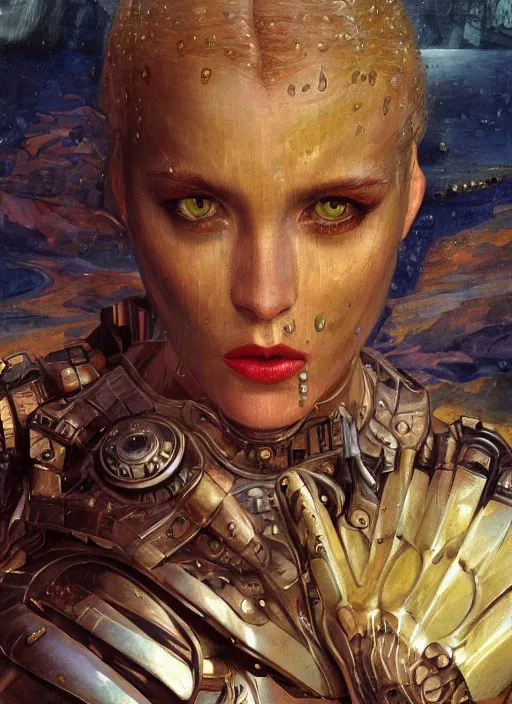 Image similar to a biblical diabolical beautiful female android girl face, hawk, shiny hi tech armor, dynamic pose, splashing, heavy eyes to the side, glowing veins, in clouds, rain, sunset, portrait, by gerald brom, by mikhail vrubel, by peter elson, muted colors, extreme detail, reflections, trending on artstation, 8 k