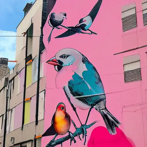 Prompt: a huge mural in pink and orange, showing a miriad of mixing birds and fish, urban Street art by refreshink