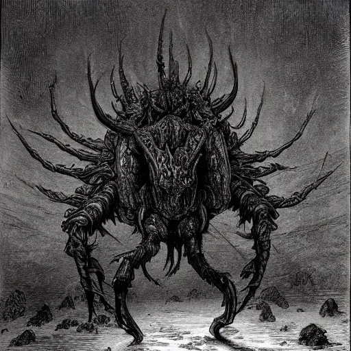 Prompt: Beetle Monster by Gustave Doré in dark souls world