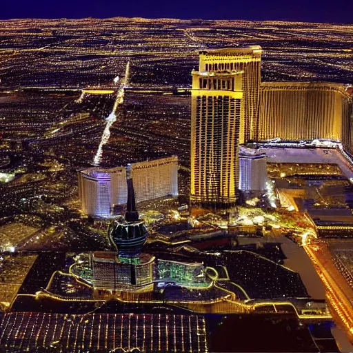 Image similar to The Las Vegas strip at night from above, by Caravaggio