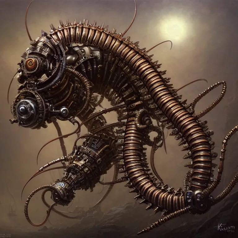 Image similar to steampunk robot millipede, unreal engine realistic render, 8 k, micro detail, intricate, elegant, highly detailed, centered, digital painting, artstation, smooth, sharp focus, illustration, artgerm, tomasz alen kopera, peter mohrbacher, donato giancola, joseph christian leyendecker, wlop, boris vallejo