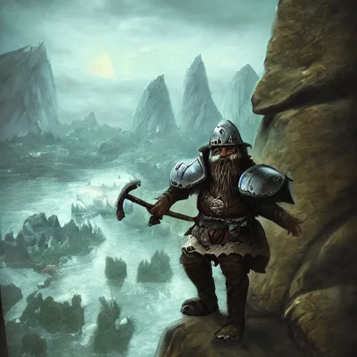 Prompt: A Dwarf clad in armor near the edge of a cliff that overlooks a small village, breathtaking shot, high details, medieval fantasy illustration, dark atmosphere