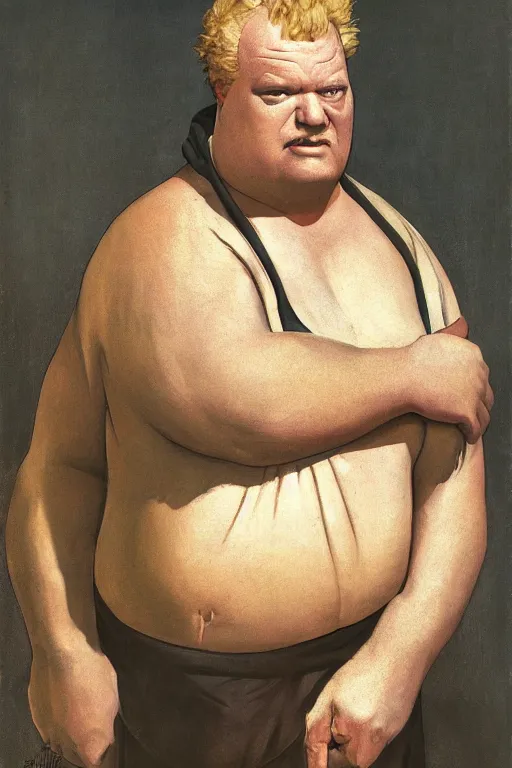 Prompt: upper body portrait of actor kenneth mcmillan as baron harkonnen in dune, colour painting by normal rockwell, guidi prime background by carl spitzweg