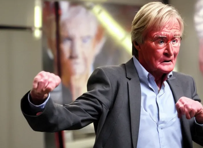 Image similar to action shot of ken barlow from coronation Street performing a hadouken like round from Street fighter, realistic, detailed, cinematic, concept art, digital art,