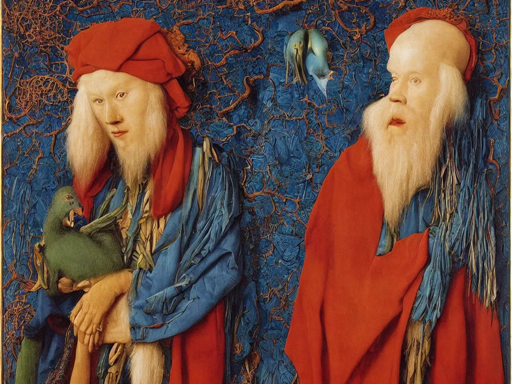 Image similar to Portrait of albino mystic with blue eyes, with beautiful exotic African wood sculpture. Painting by Jan van Eyck, Audubon, Rene Magritte, Agnes Pelton, Max Ernst, Walton Ford