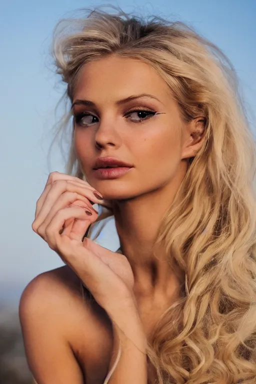 Image similar to vintage photograph of an olive blonde female model with dirty blonde hair in her twenties, her hair pinned up, wearing a designer top, looking content, focused on her neck, photo realistic, extreme detail skin, natural beauty, no filter, slr, golden hour, 4 k, high definition, selfie