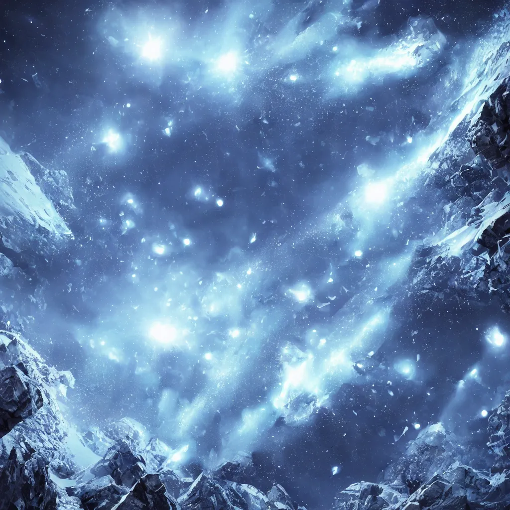 Image similar to vertical, mountains, limit, universe, galaxy, upwards, photo, blue sky, realistic, highly detailed, cinematic, glowing ice comets falling down