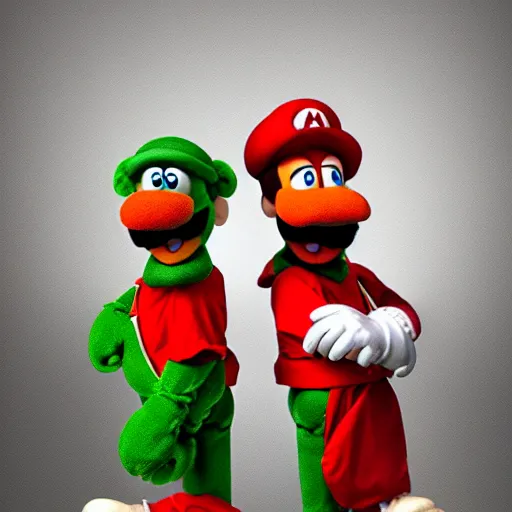 Image similar to A still of Mario and Luigi as muppets, photo real, photographic, photograph, artstation, trending, award winning, epic lighting, featured