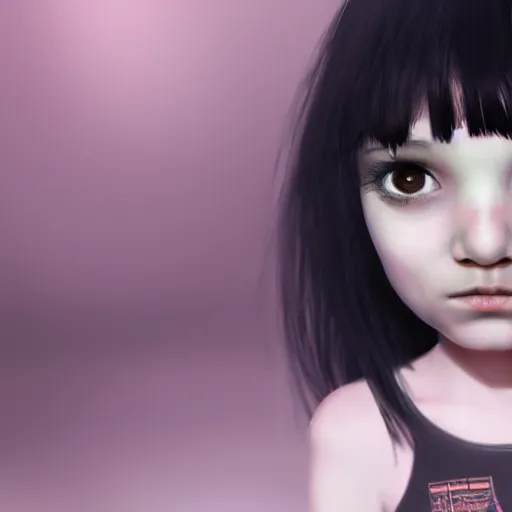 Image similar to little alien girl with big sad black eyes and dark hair, bangs cover half of her face, sci - fi, 3 d, photorealistic, ultra - details