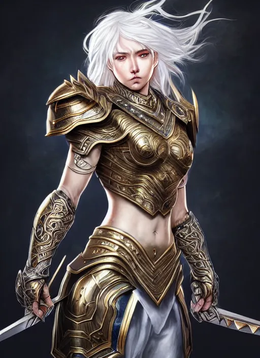 Image similar to warrior, intricate ornate opal heavy armor!!! beautiful and athletic white hair female!! gorgeous face and eyes!! character concept art, sharp focus, octane render! unreal engine 5! highly rendered!! trending on artstation!! detailed linework!! illustration by artgerm, wlop, and chie yoshii