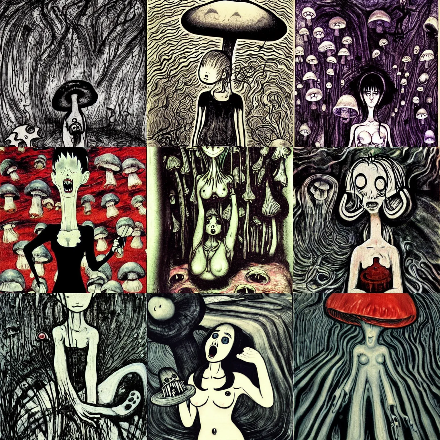 Prompt: creepy horror anime mushroom maid, mushrooms, scary dark painting by h. r. giger edvard munch and jungi ito