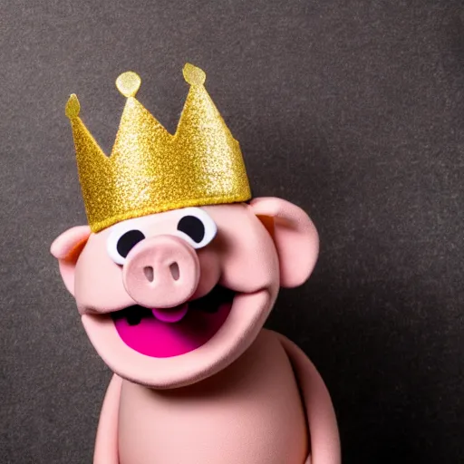 Prompt: studio photograph of a smiling pig depicted as a muppet wearing a gold crown eating pork rind snacks