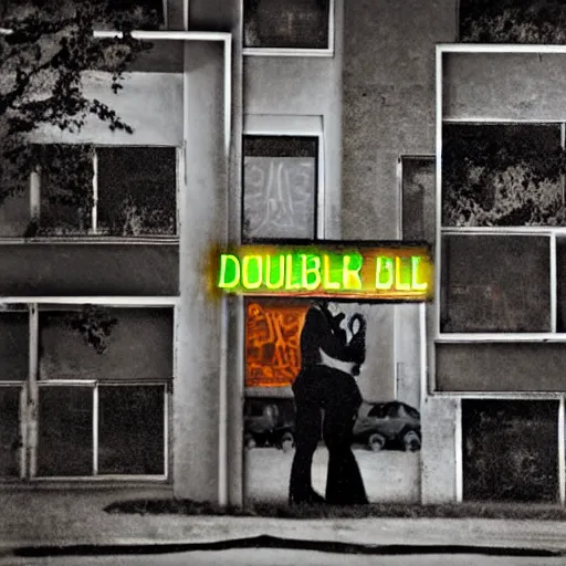 Image similar to double exposure photograph, lovers falling, neon motel