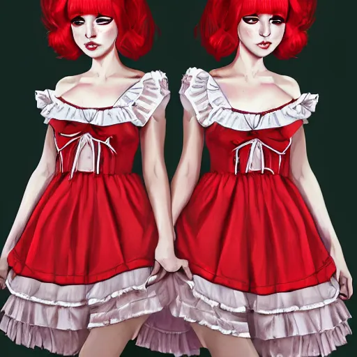 Image similar to twins wearing a lolita dress, full body shot, red hair, highly detailed, digital painting, artstation, concept art, smooth, sharp focus, illustration