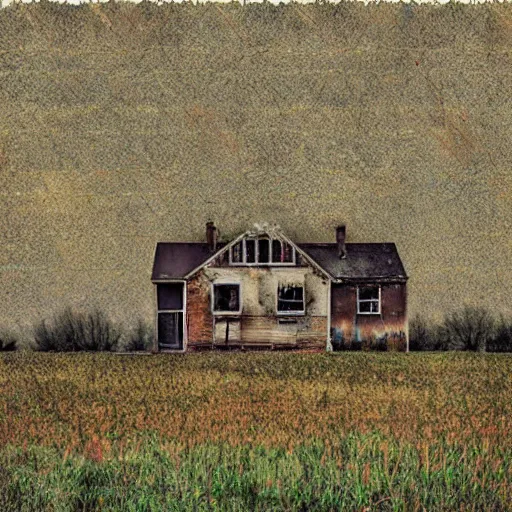 Image similar to old 6 0 s house in decay in the middle of a field, realistic pixel sorting