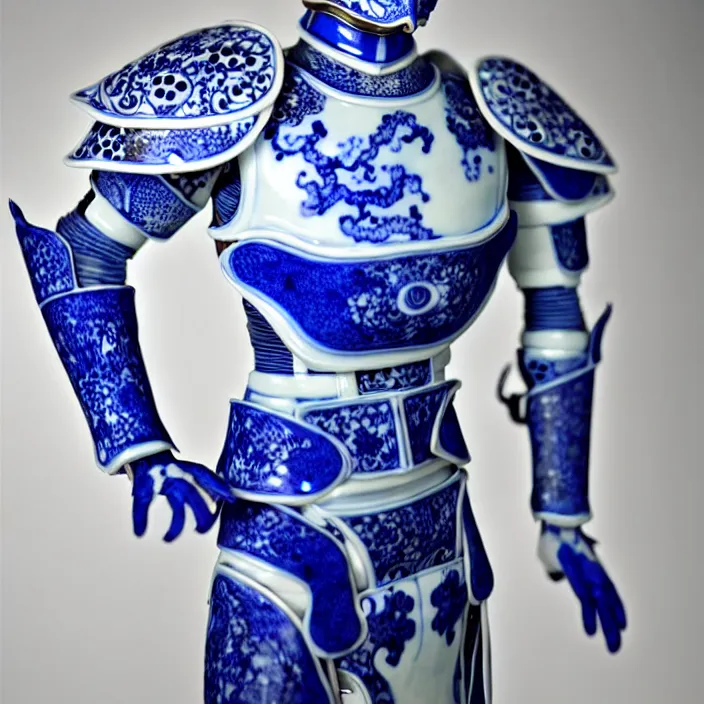 Prompt: porcelain cyborg imperial armor, Chinese Ming dynasty Blue and white porcelain mid-15th century, diffuse lighting, fantasy, intricate, elegant, highly detailed, lifelike, photorealistic, digital painting, artstation, illustration, concept art, smooth, sharp focus, art by John Collier and Albert Aublet and Krenz Cushart and Artem Demura and Alphonse Mucha