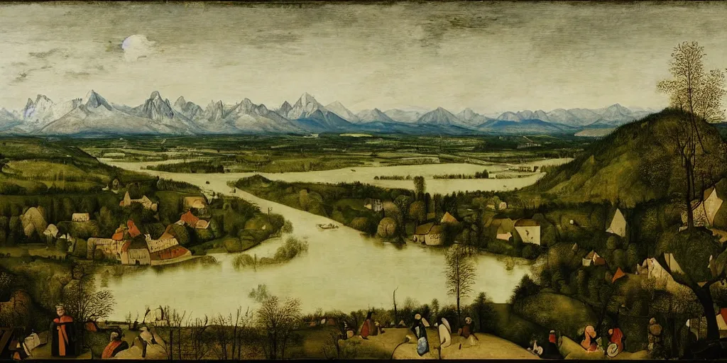 Image similar to the danube with alps in the style of pieter bruegel