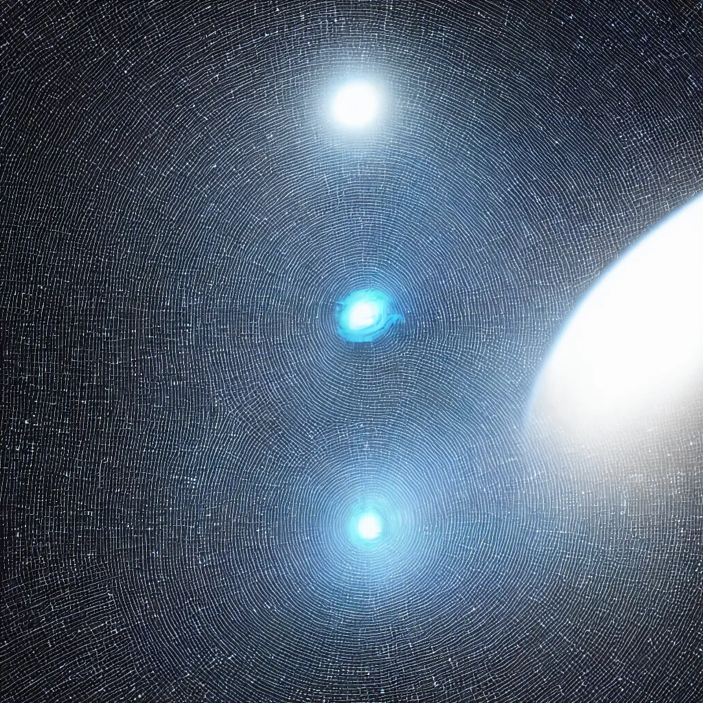 Image similar to black hole inside a circle space ship, glowing tiny blue lines