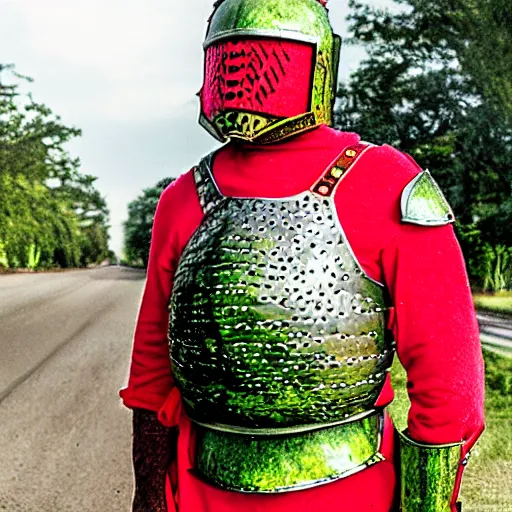 Prompt: a man wearing armor made of watermelon rinds