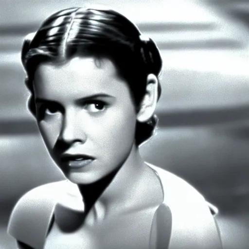 Prompt: 2 0 yo leia, film still from star wars ( 1 9 5 5 )