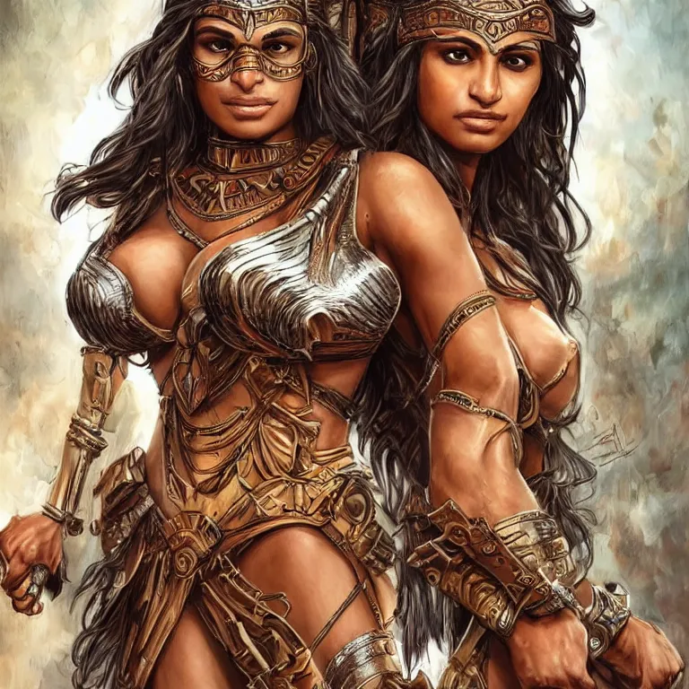 Prompt: mia khalifa as an amazon warrior, a tall beautiful woman with brown skin and long hair, dressed in hellenistic body armor, intricate, elegant, highly detailed, smooth, sharp focus, detailed face, art by ardian syaf