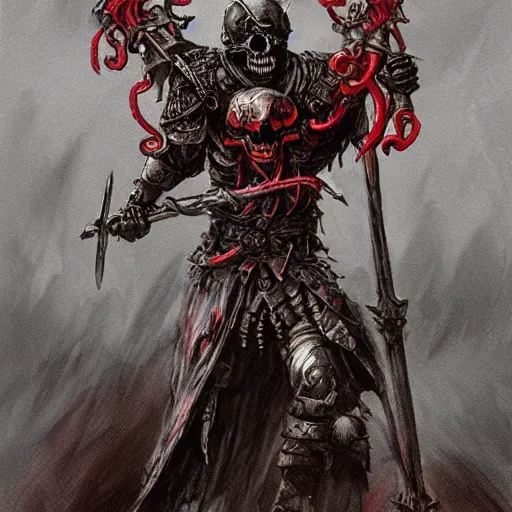 Image similar to concept art of skeleton holding a medieval shield and spear, d & d surrounded by red evil death tentacles, hyper detailed, hyper realistic, dark atmosphere, full body, full frame in the style of frank frazetta