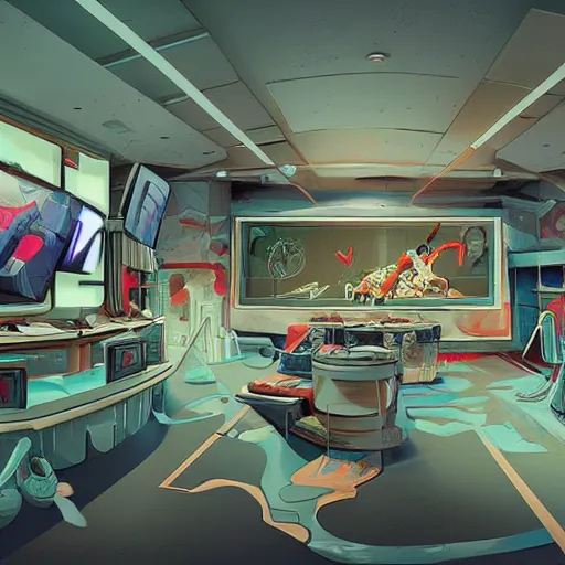 Prompt: sports news studio, concept art, wide lens, cinematic composition, iterior, detail by james jean