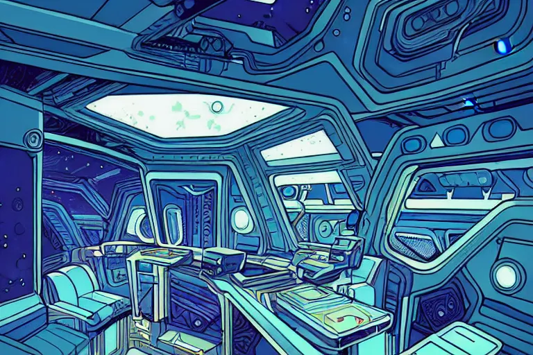 Prompt: a scifi illustration, hyper detailed spaceship interior. epic composition. flat colors, limited palette in FANTASTIC PLANET La planète sauvage animation by René Laloux