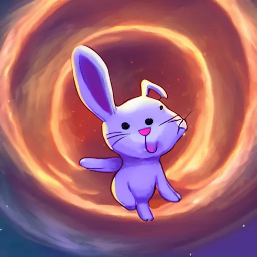 Image similar to A happy cartoon bunny protruded halfway out of a spiral black hole of stars and looked ahead-H 768