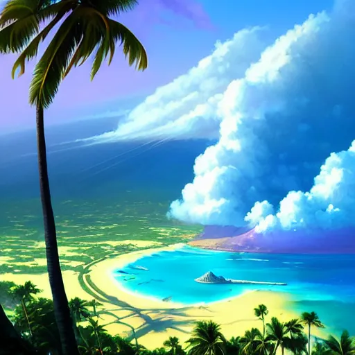 Prompt: a painting a breathtaking aerial view of Hawaiian islands, surrounded by palm trees, clouds, flowers, volcano, azure ocean, sunlight glistening, glow, , a detailed matte painting by sylvain sarrailh, Stephan Martinière, by RHADS, Makoto Shinkai, bokeh, Artstation contest winner, fantasy art, concept art, #vfxfriday