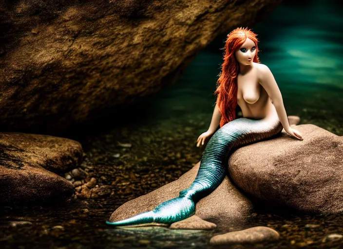 Image similar to fully clothed mermaid sitting on a rock in a river in an underground cave. fantasy magic style. highly detailed 8 k. intricate. lifelike. soft light. sony a 7 r iv 5 5 mm. cinematic post - processing