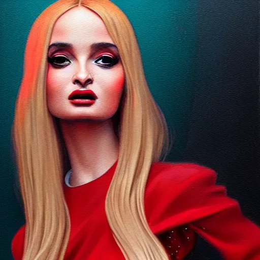 Prompt: UHD Photorealistic Kim Petras wearing a red dress with hyperrealistic, correct details, ultrarealistic dynamic lighting, symmetrical face, accurate face, in the style of art nouveau by Greg Rutkowski