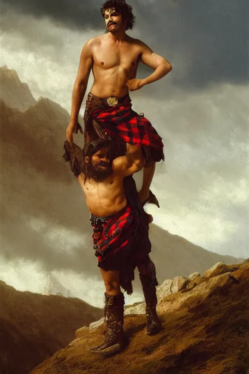 Prompt: a homoerotic portrait by greg rutkowski and albert bierstadt and bill ward of a shirtless handsome desi hiker on a mountain peak | he is wearing a revealing yellow tartan kilt, cowboy hat, and leather boots | background is snowy mountains and clouds | detailed face, ethereal, dreamlike | trending on artstation