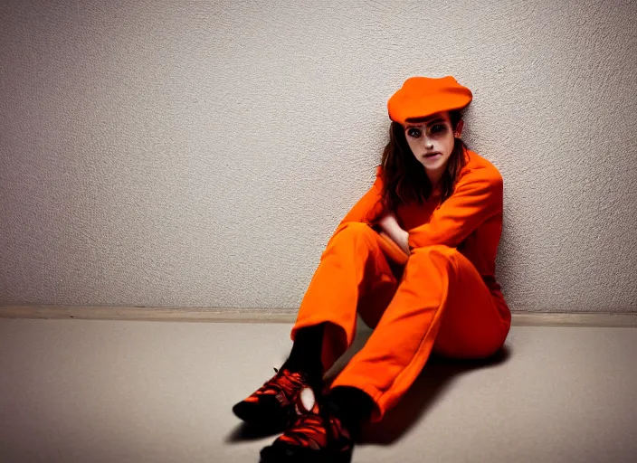 Prompt: photo of emma watson sitting in a jail cell wearing an orange jumpsuit and a red hat, defocused bars in the foreground, 8 k, 8 5 mm f 1. 8