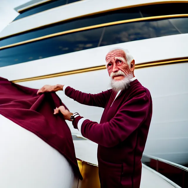 Image similar to wrinkled hunchbacked old man in musty burgundy suit, polishing painting the side of a huge gold plated mega yacht with a cloth, maintenance photo