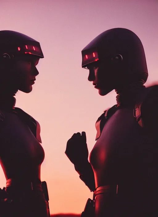 Image similar to cinestill 5 0 d photographic portrait of two loving female androids wearing rugged black techwear on a desolate plain with a red sky, extreme closeup, cyberpunk style, leather garters, dust storm, 8 k, hd, high resolution, 3 5 mm, f / 3 2, ultra realistic faces, ex machina