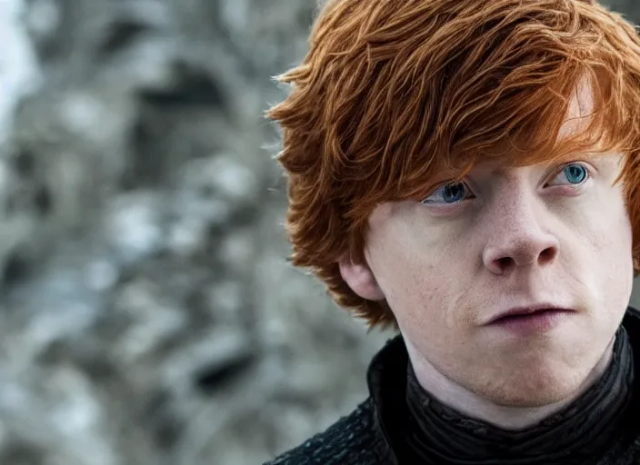 Image similar to handsome ron weasley in game of thrones, attractive rupert grint in game of thrones, handsome portrait of the actor, live action film, cinematic photo, clear hd image