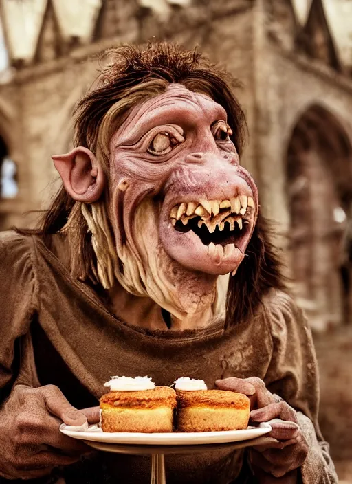 Image similar to closeup portrait of a medieval goblin eating cakes in the cloisters, depth of field, zeiss lens, detailed, symmetrical, centered, fashion photoshoot, by Annie Leibovitz and Steve McCurry, David Lazar, Jimmy Nelsson, Breathtaking, 8k resolution, extremely detailed, beautiful, establishing shot, artistic, hyperrealistic, beautiful face, octane render