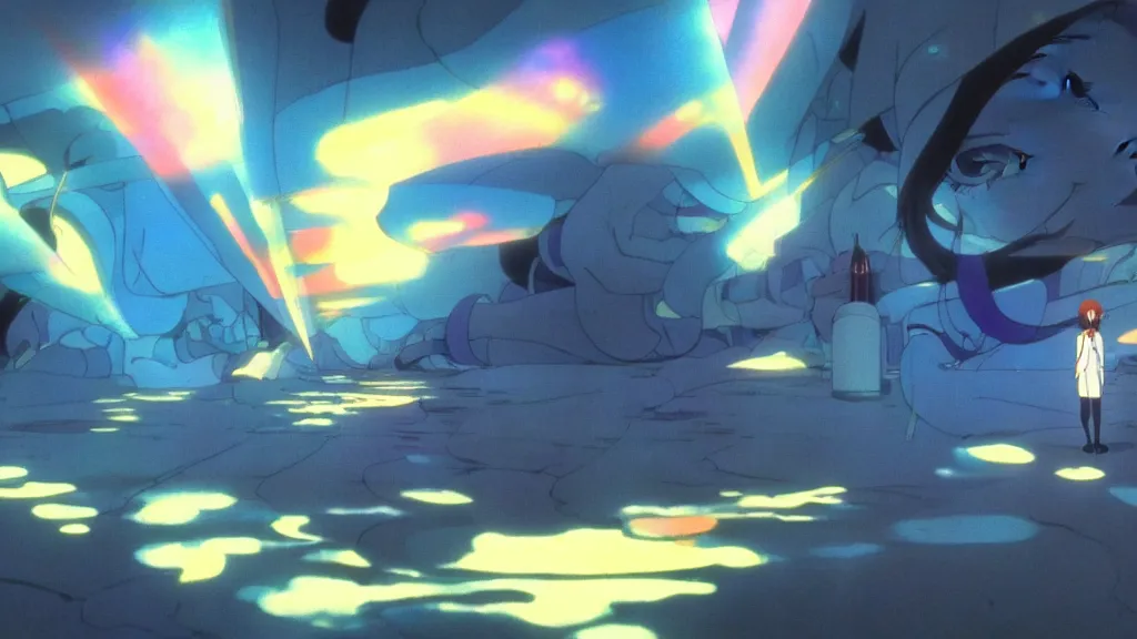 Image similar to volumetric iridescent light, anime film still from the an anime directed by katsuhiro otomo with art direction by salvador dali, wide lens