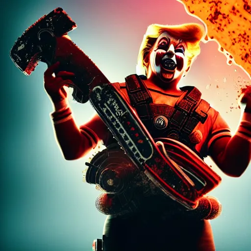 Prompt: portrait of donald trump as a clown, laughing and holding a chainsaw in gears of war, splash art, movie still, cinematic lighting, ray tracing, octane render, long lens, shallow depth of field, bokeh, anamorphic lens flare, 8 k, hyper detailed, 3 5 mm film grain