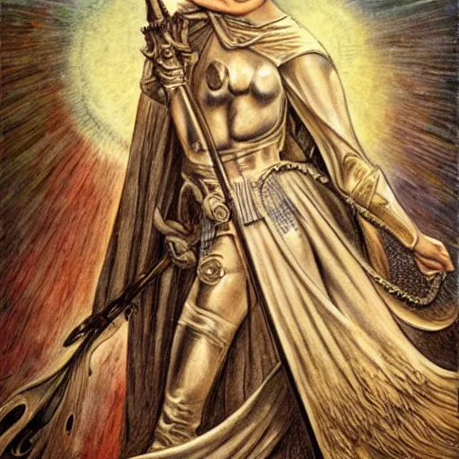 Image similar to jeanne d'arc in the style of william blake, terese nielsen, detailed, intricate, beautiful faces, steve argyle