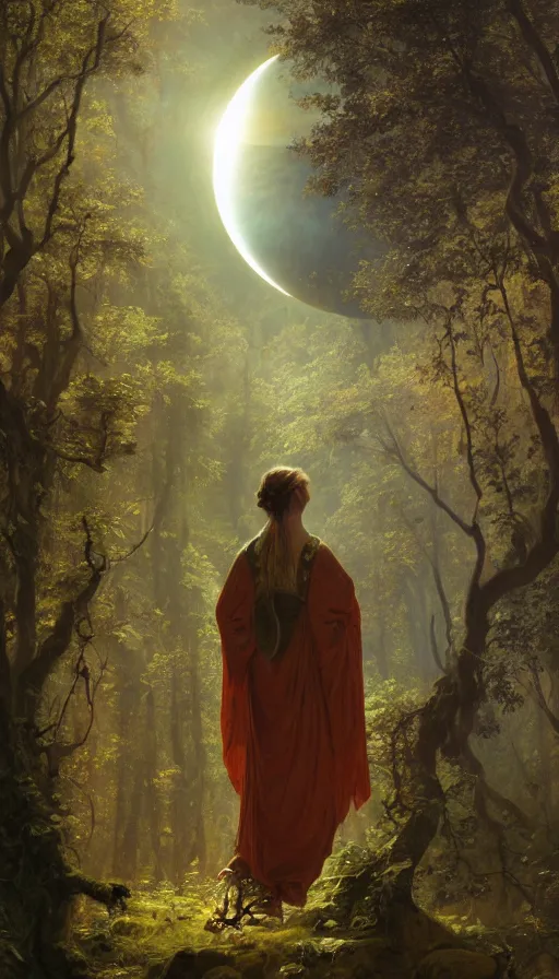 Image similar to A mythical person viewing at a solar eclipse from a primordial forest. Highly detailed, digital painting, artstation, concept art, sharp focus, illustration, art by Jan Brueghel the Elder, greg rutkowski and alphonse mucha.