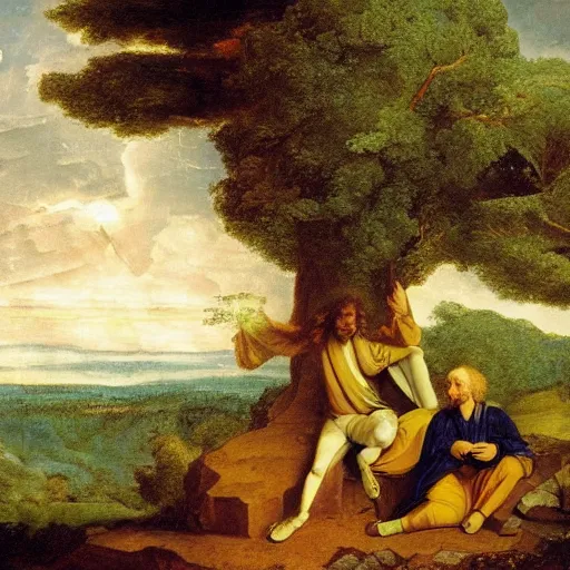 Prompt: issac newton discovering gravity while sitting under a tree ,realistic